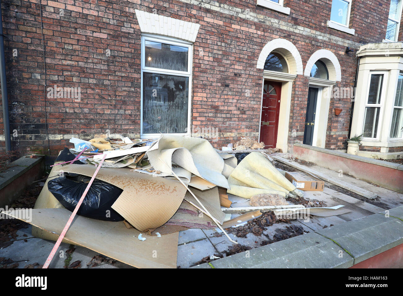 General view of houses damaged by floodwater last year in Carlisle, Cumbria, as hundreds of people face another miserable festive season a year on from Storm Desmond. Stock Photo