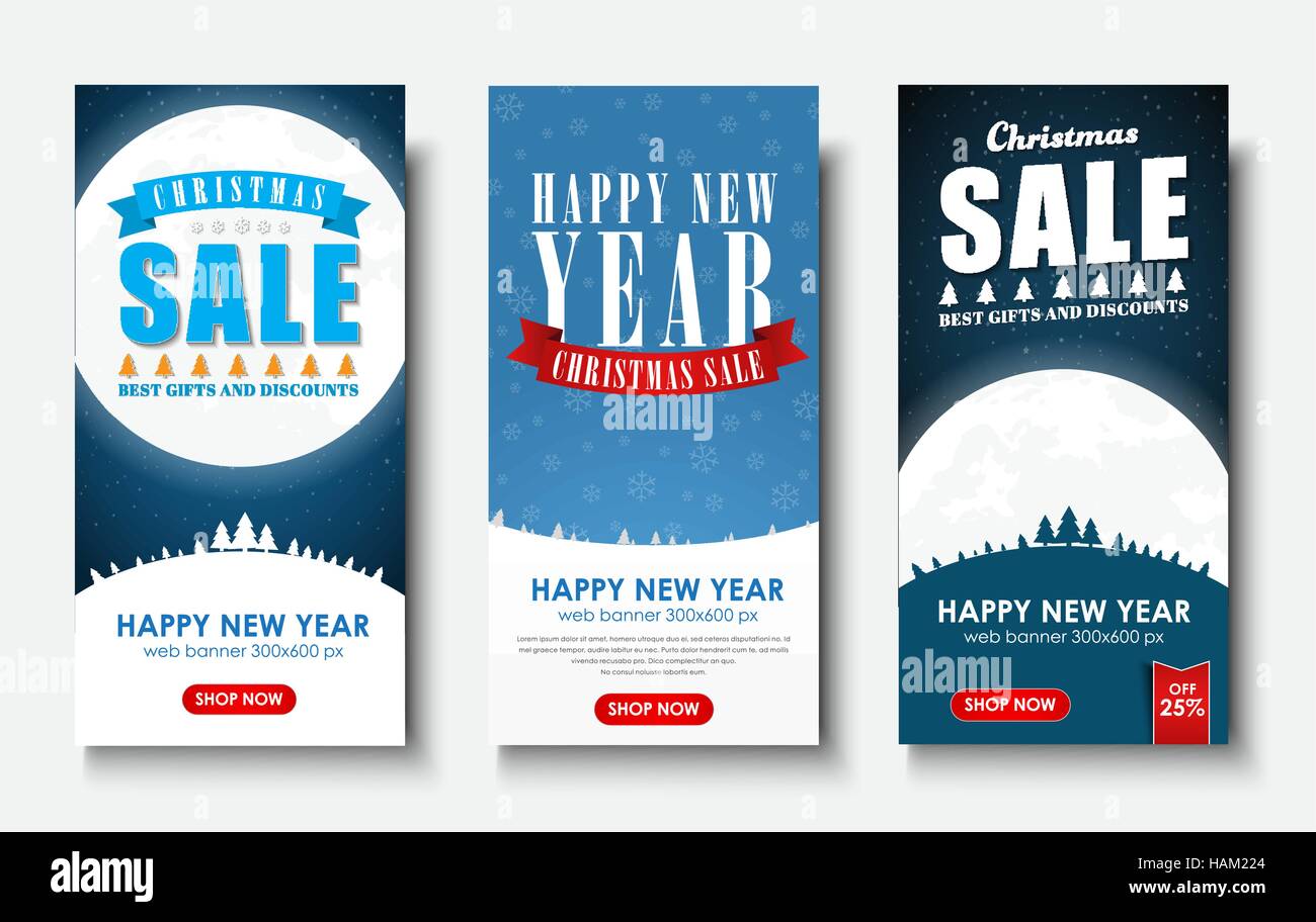 web set of vertical banners for Christmas sales Templates with starry sky moon snow capped mountains Vector illustration