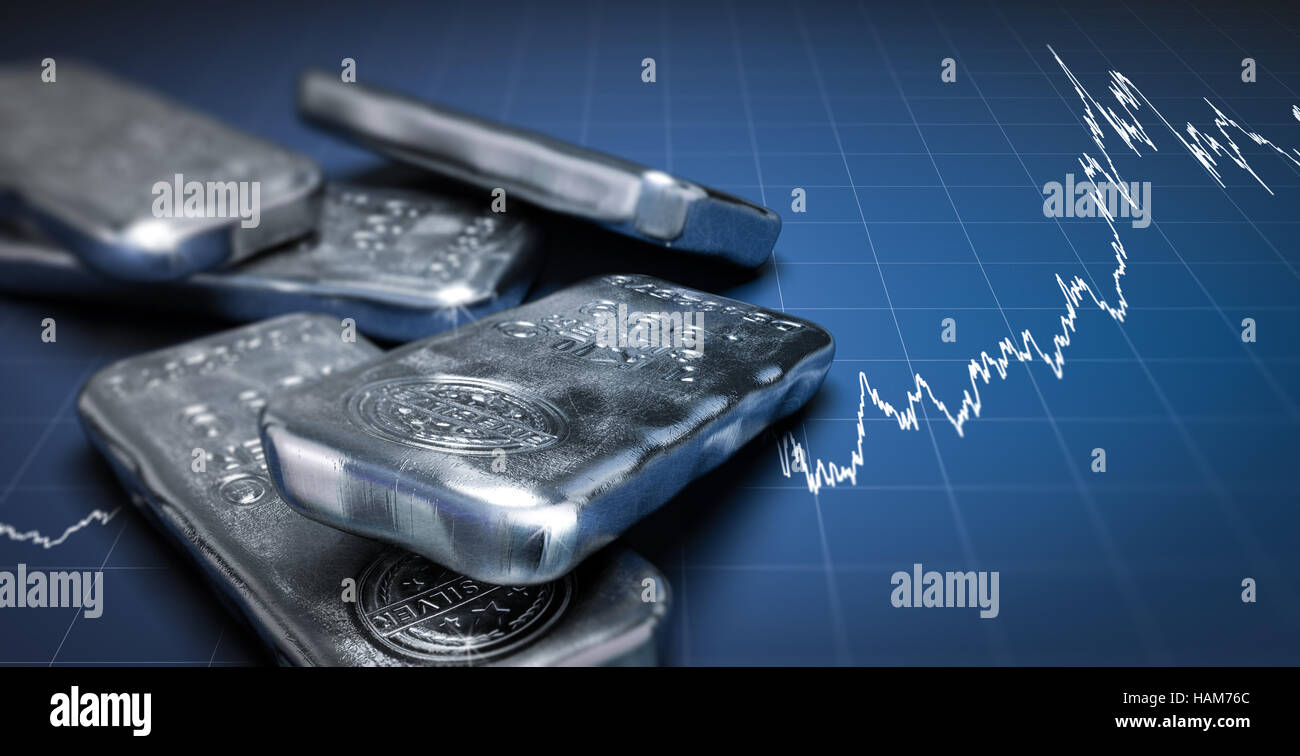 3D illustration of silver bullion bars over a blue background with growing chart. Commodities investment concept, horizontal image. Stock Photo