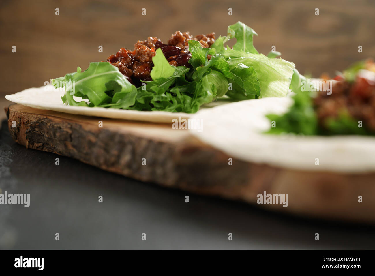 open tortilla with beef, frillice and beans Stock Photo