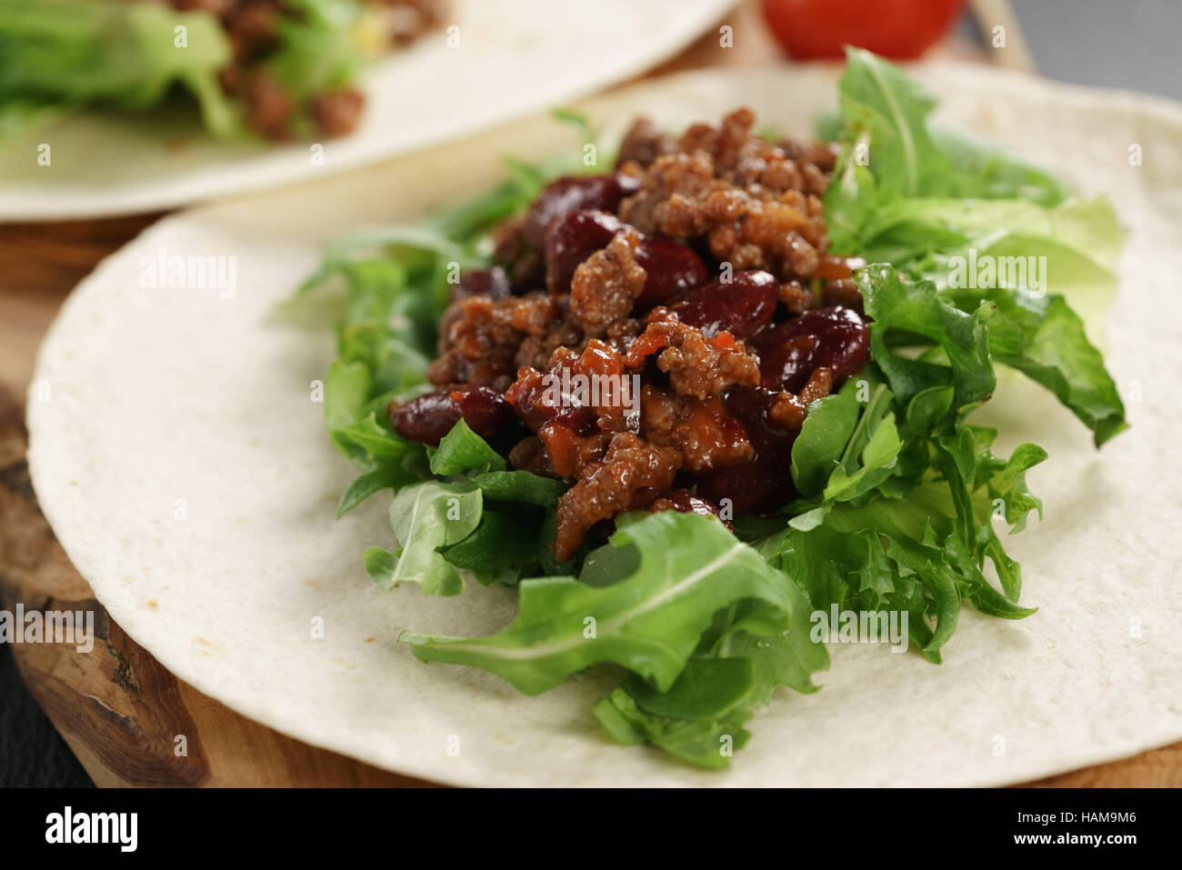 open tortilla with beef, frillice and beans Stock Photo