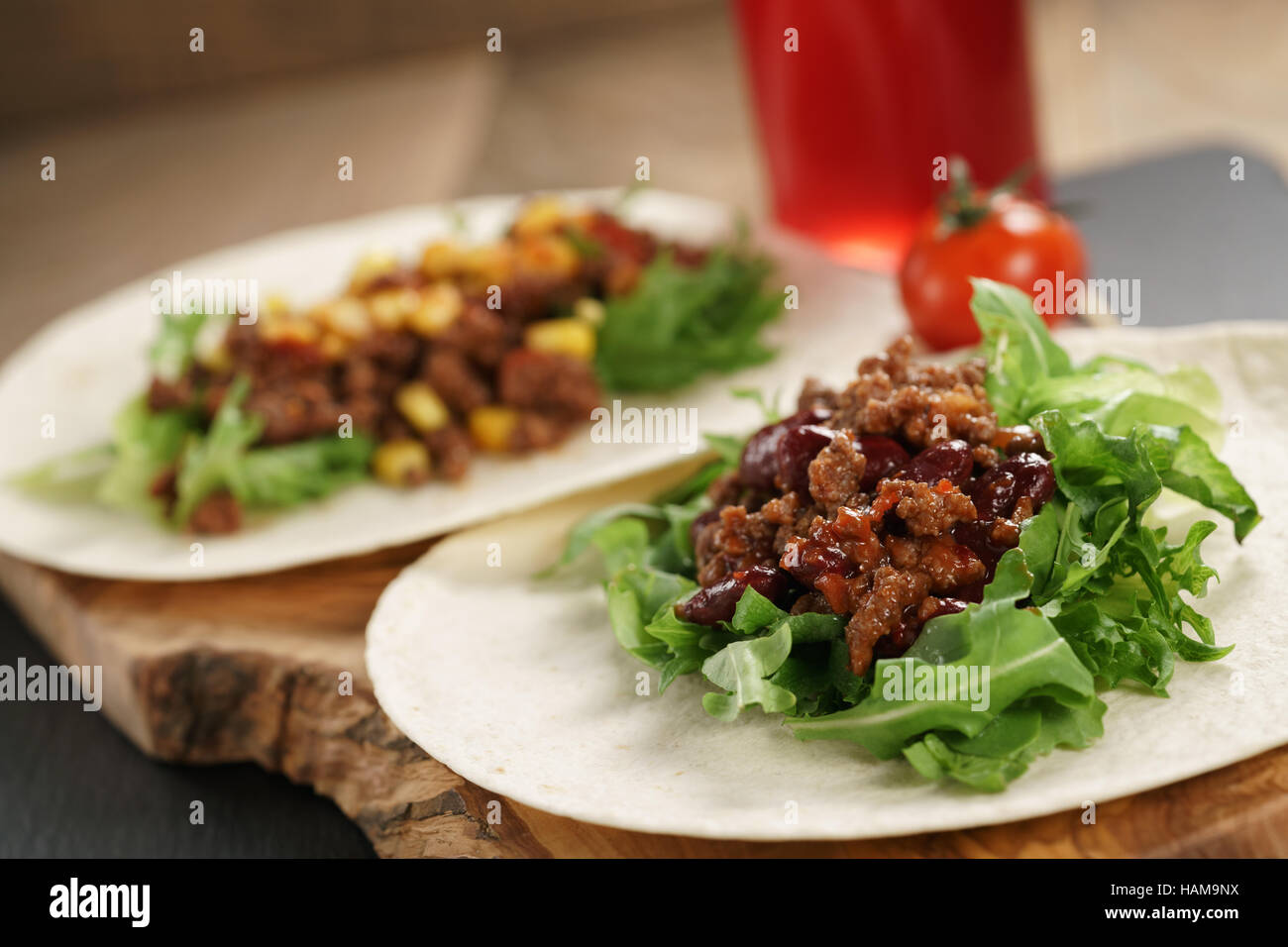 open tortilla with beef, frillice, beans and corn Stock Photo