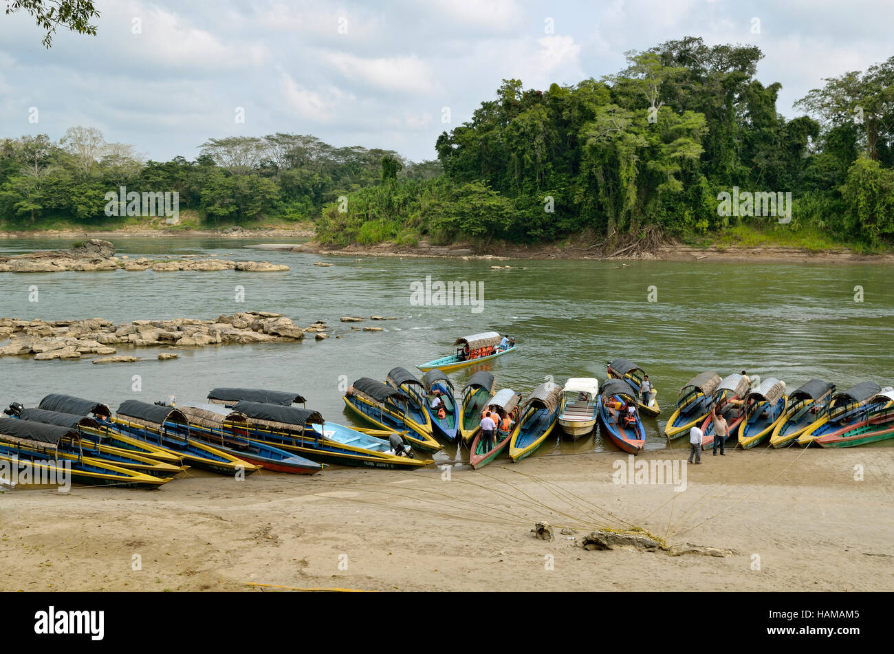 Tour boats, Yaxchilan archeological site, Usumacinta River, Mexico Stock Photo