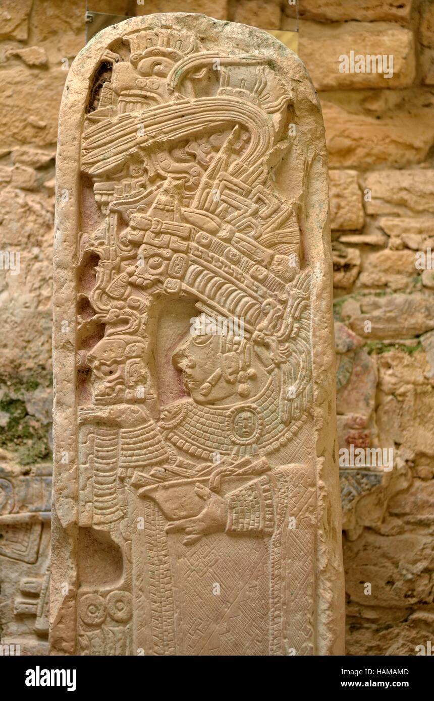 Yellow sandstone bas-relief, Yaxchilan, ancient Mayan city, Usumacinta River, Mexico Stock Photo