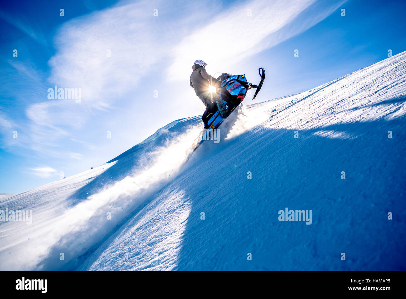 Ski Doo snowmobile, backlit, Arvidsjaur, Sweden Stock Photo
