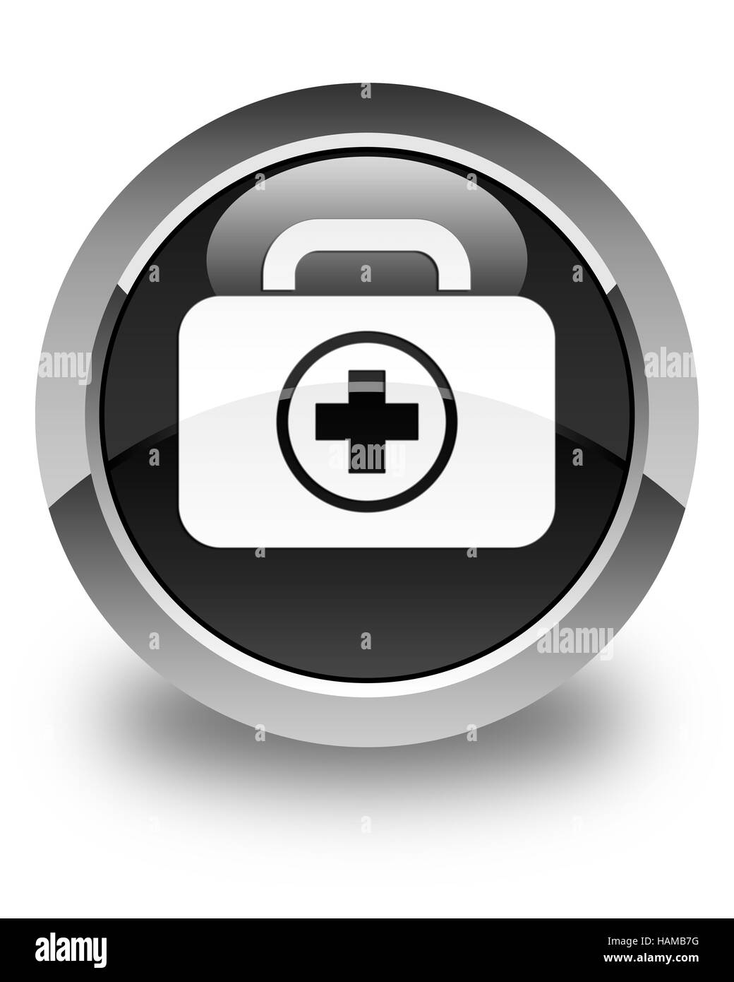 First aid kit icon isolated on glossy black round button abstract illustration Stock Photo