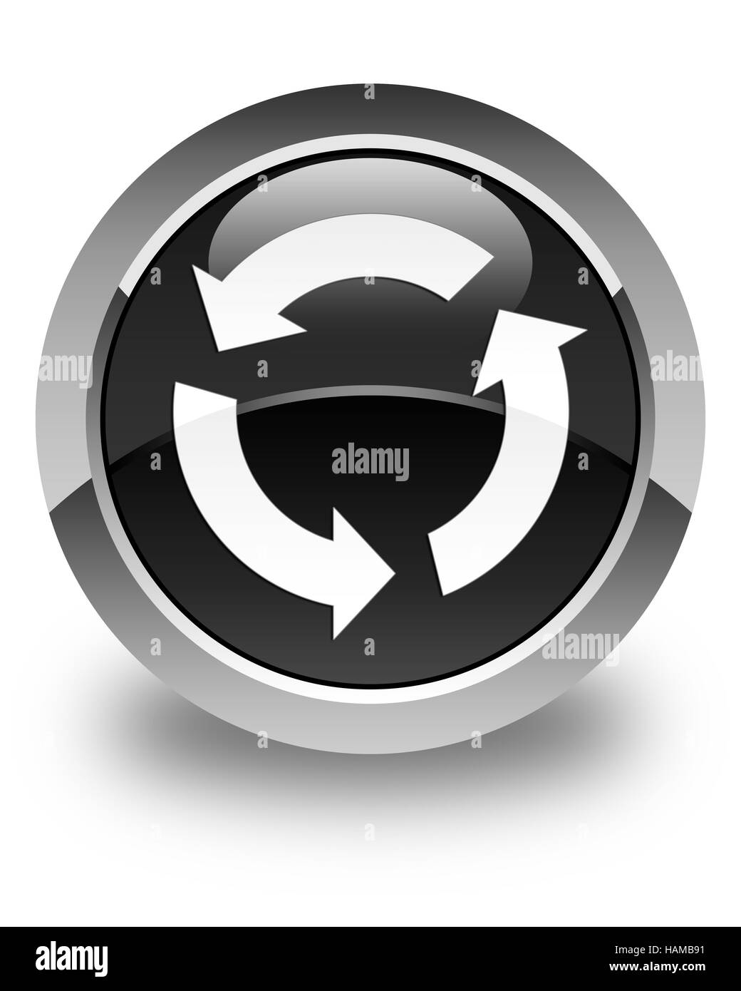 Refresh icon isolated on glossy black round button abstract illustration Stock Photo