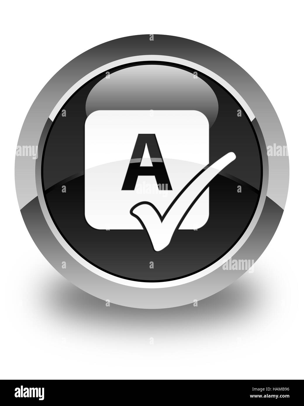 Spell check icon isolated on glossy black round button abstract illustration Stock Photo