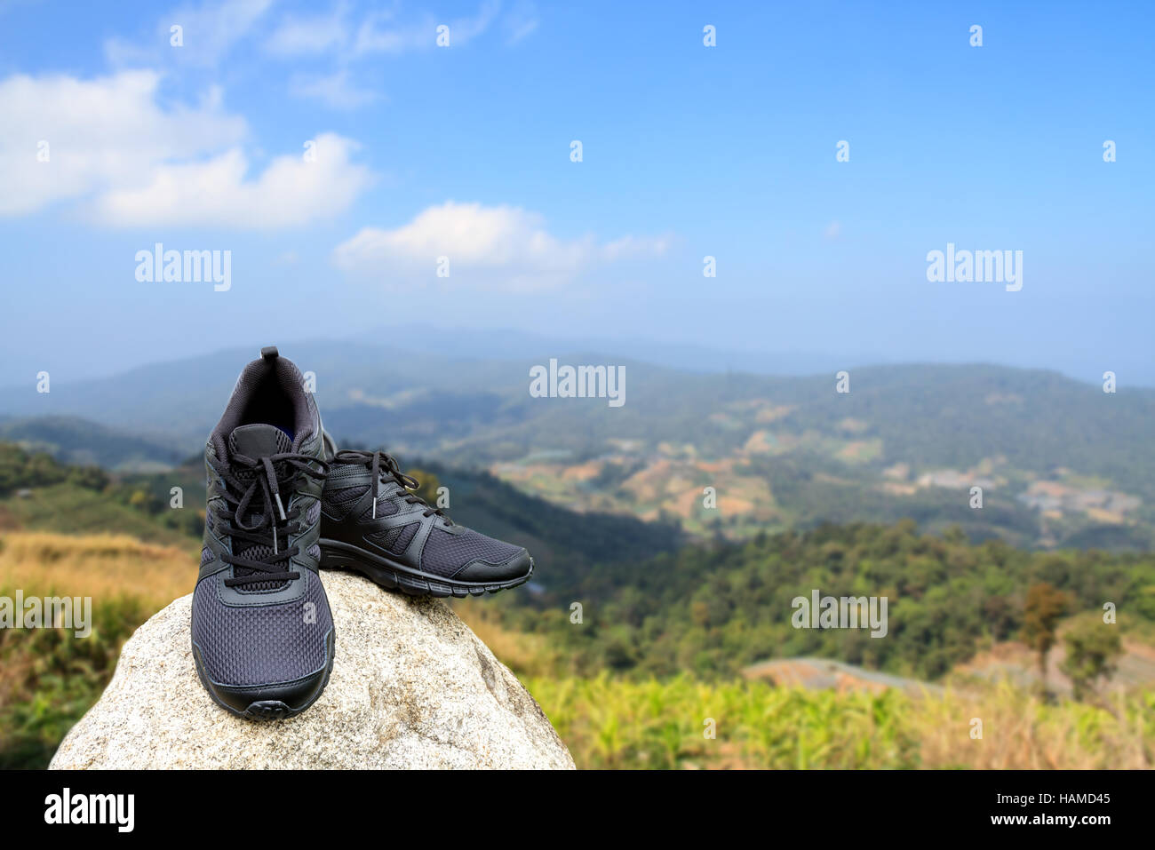 Running shoe color black on rock nature background. Stock Photo