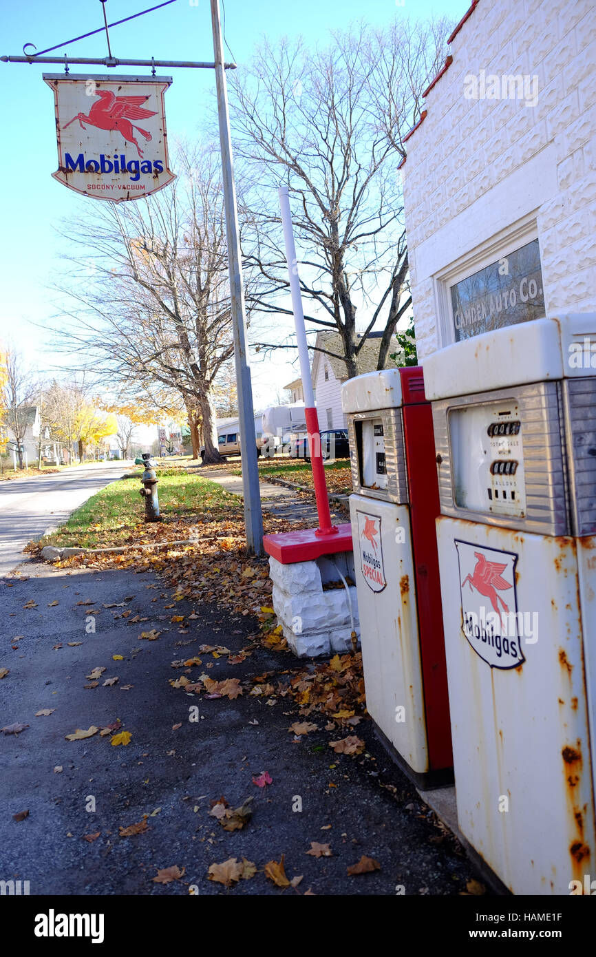 Gas pumps still stand in front of an old gas station in Indiana Stock