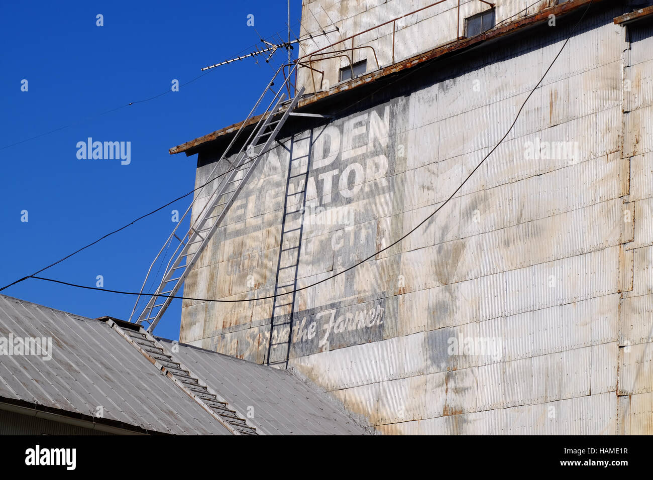 Grain elevator in the farming community of Camden, Indiana. Stock Photo