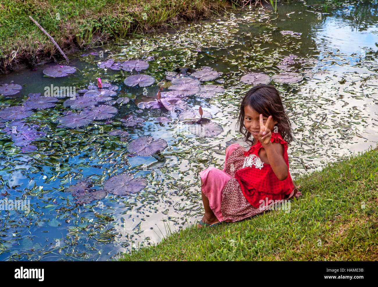 Informal portrait of a young Khmer girl sitting on the bank of a stream filled with Lily pads in Banteay Srei, Cambodia. Stock Photo