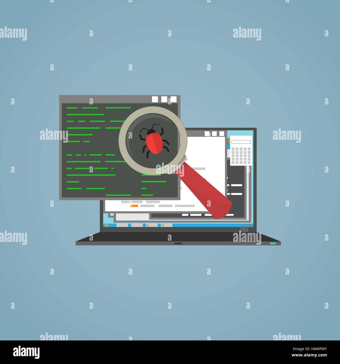 Flat illustration. Laptop and windows with frames. Magnifying glass search and find bug in program. Stock Vector