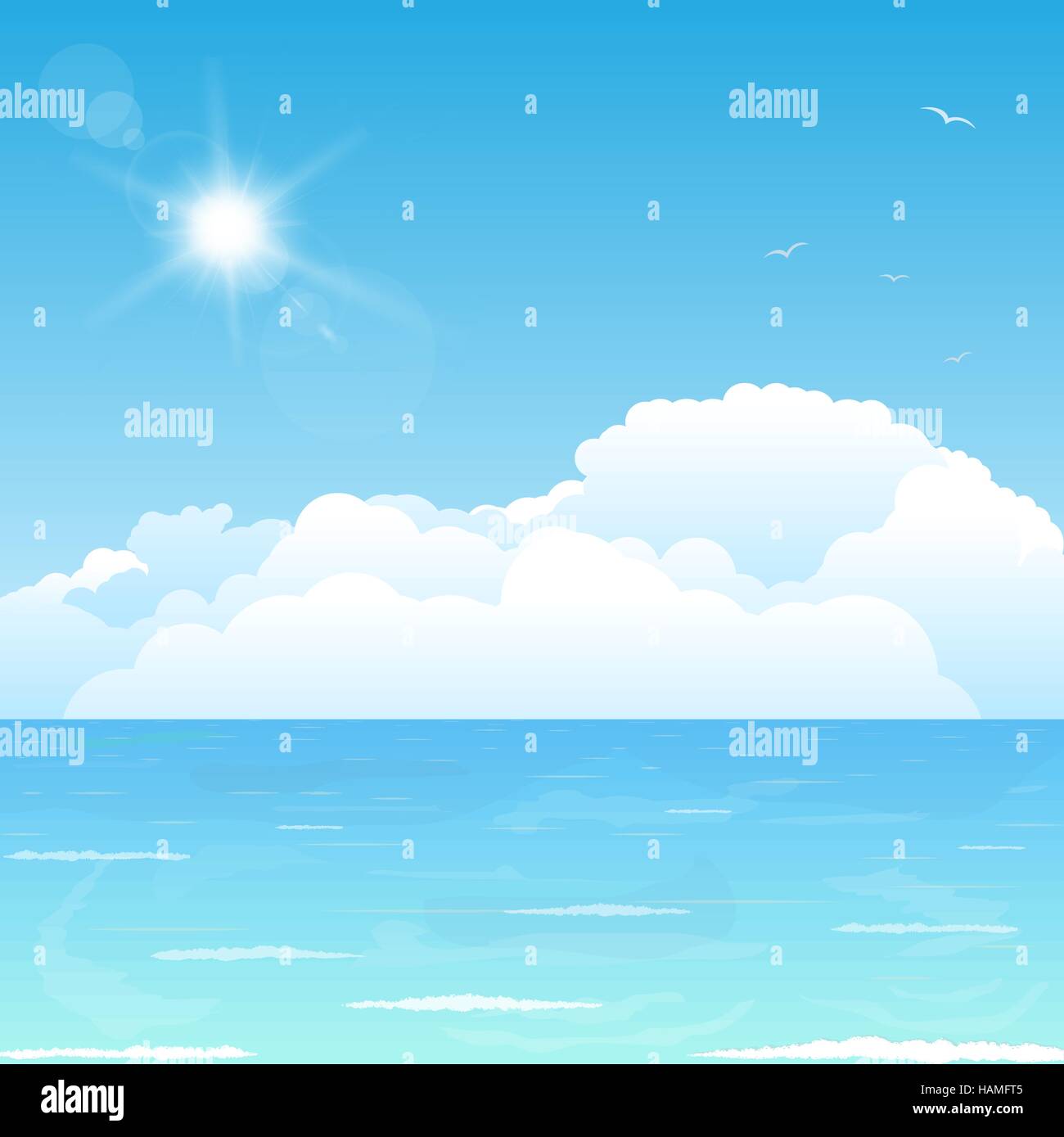 Bright and big puffy clouds lying on the blue sea. Stock Vector