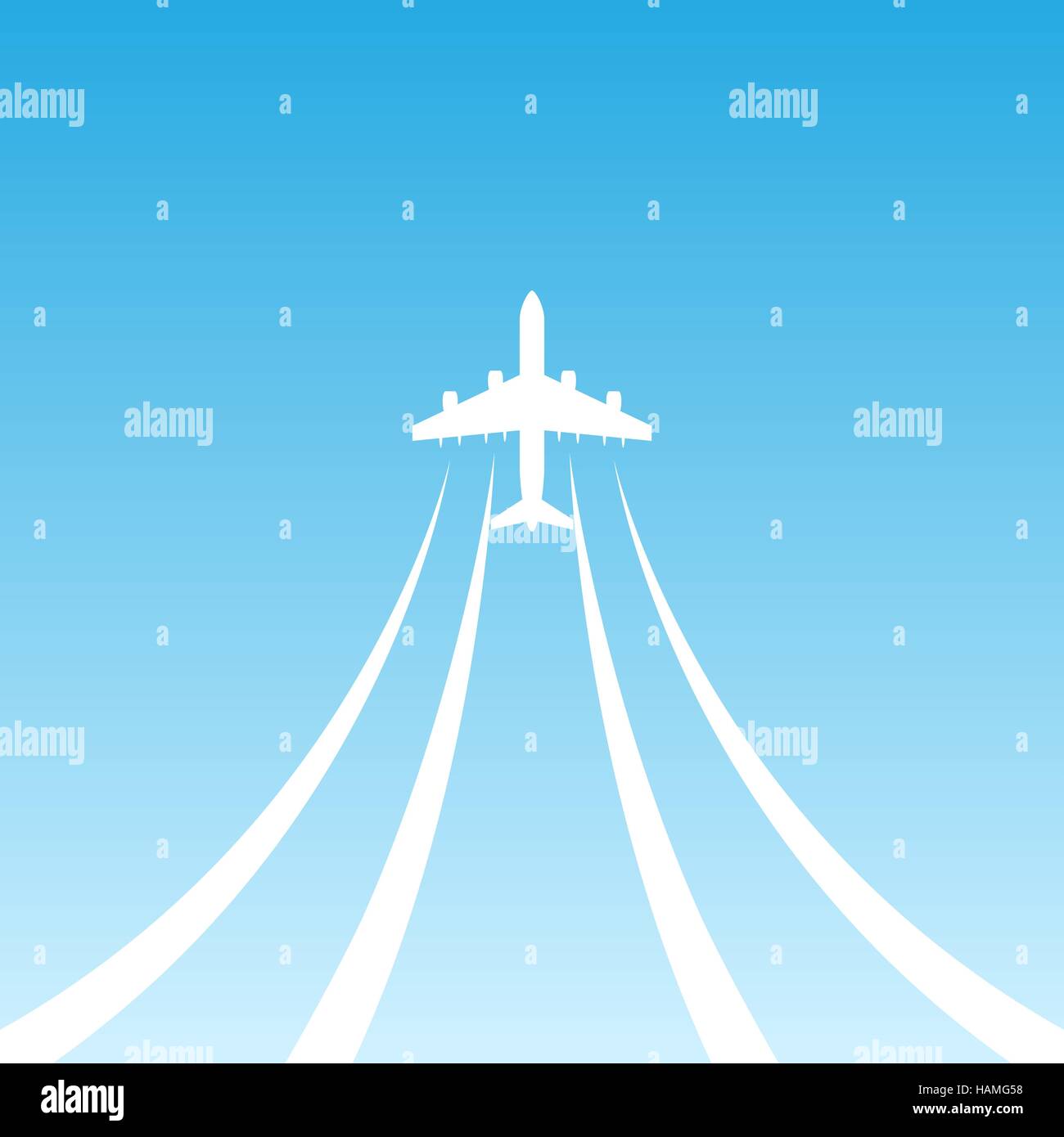White airplane flying up in the air on blu sky. Stock Vector