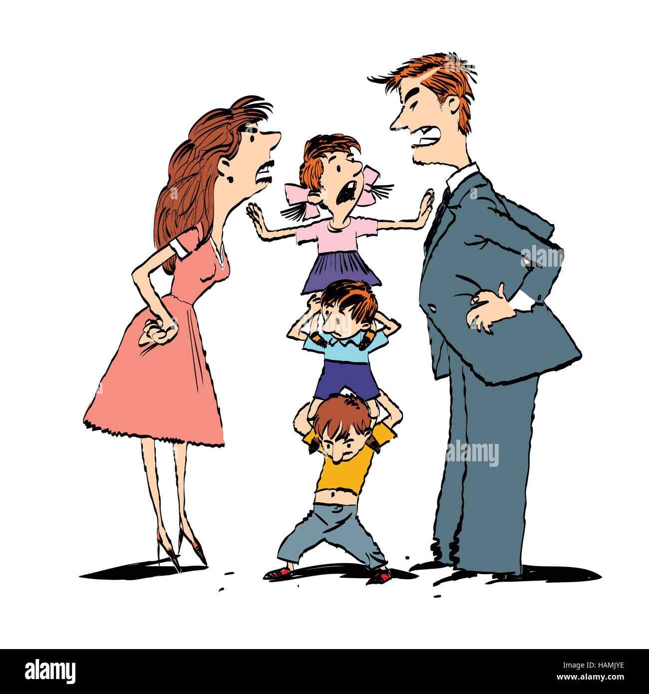 Quarrel in the family, mom and dad fighting, kids calm Stock Vector