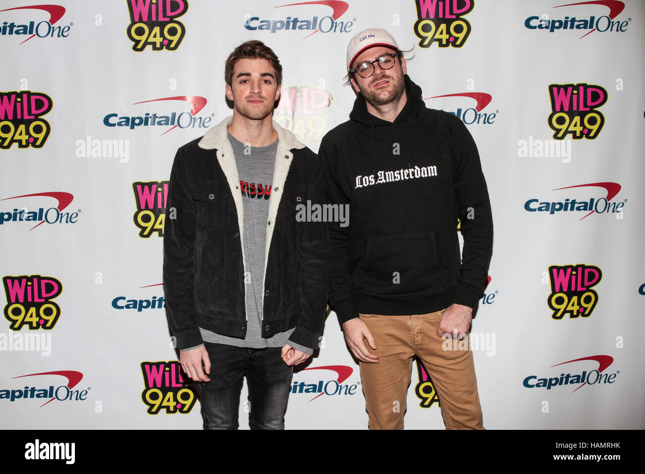 San Jose, USA. 01st Dec, 2016. Recording artist (L-R) Andrew Taggart and Alex Pall of the music duo The Chainsmokers attend WiLD 94.9's FM's Jingle Ball 2016 presented by Capital One at SAP Center on December 1, 2016 in San Jose, California. Credit:  The Stock Photo