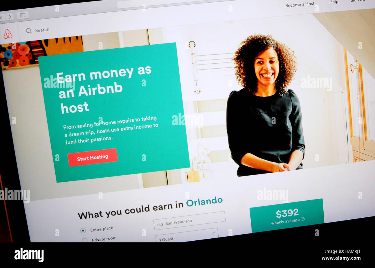 December 1, 2016 - Orlando, Florida, United States - The Airbnb website is seen on a computer screen in Orlando, Florida. On December 1, 2016, Airbnb announced for the first time that it would enforce a legal limit on the number of nights a year a host in London and Amsterdam can rent out a home. The restriction, which takes effect in January, would limit rentals to 90 days a year in London and 60 days a year in Amsterdam, to comply with previously established limits imposed by those cities. (Paul Hennessy/Alamy) Stock Photo
