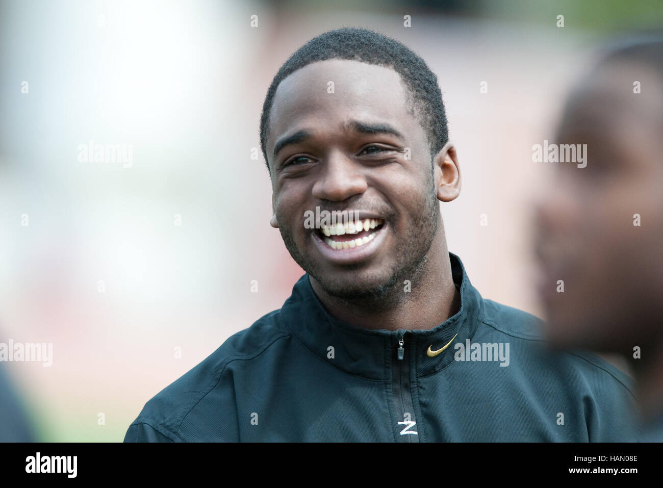 File. 2nd Dec, 2016. Former USC Trojans and New York Jets running back JOE MCKNIGHT was shot to death Thursday in Terrytown, Louisiana, following an argument at an intersection. Pictured: Mar. 31, 2010 - Los Angeles, California, U.S - USC's Joe McKnight smiles while joking with other players at USC's college football pro-day, on Cromwell Field and Loker Stadium on the campus of USC in Los Angeles, California. Credit:  Andrew Fielding/SCG/ZUMAPRESS.com/Alamy Live News Stock Photo