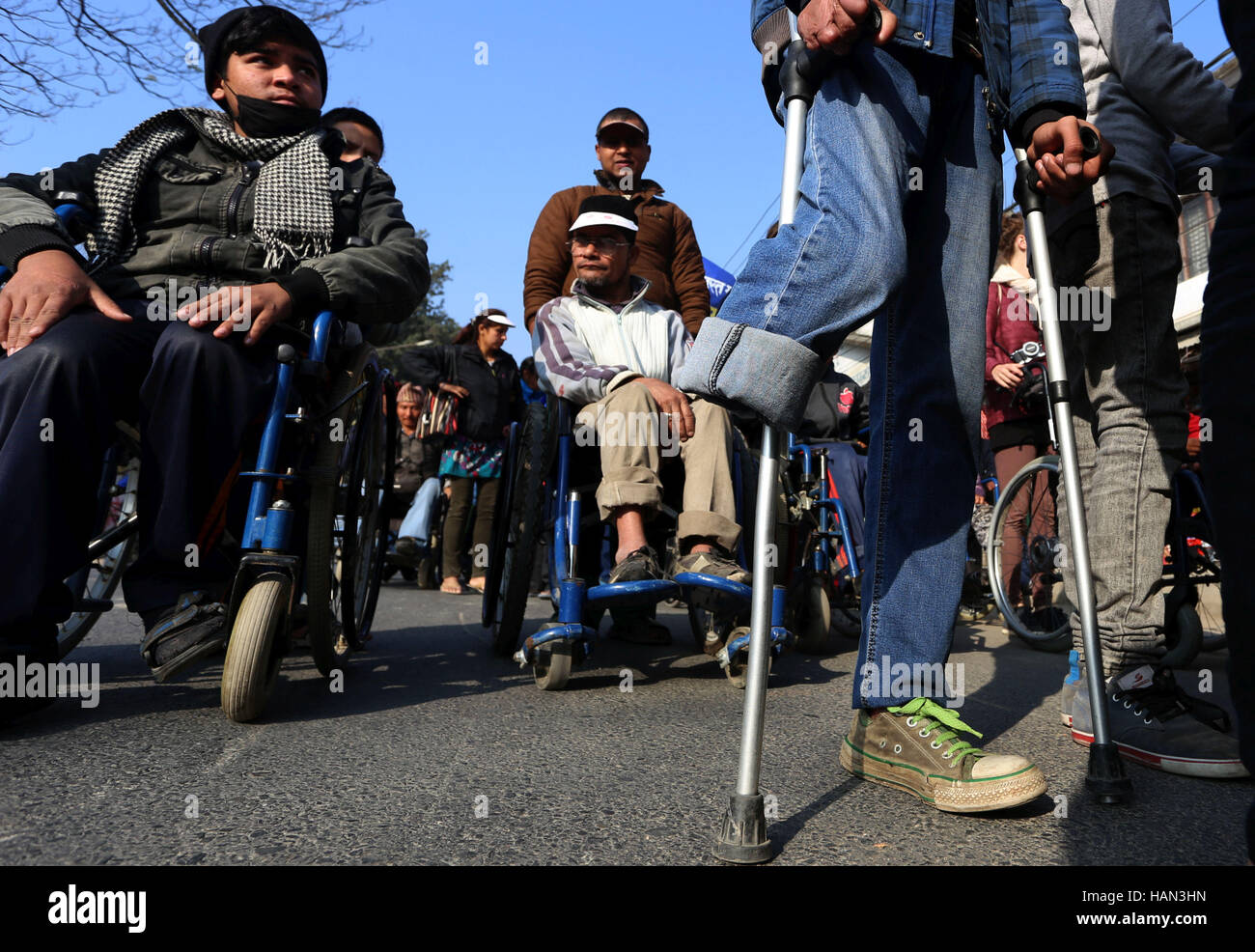 Kathmandu, Nepal. 3rd Dec, 2016. People with disabilities take part in a rally to mark the International Day of Persons with Disabilities in Kathmandu, Nepal, Dec. 3, 2016. © Sunil Sharma/Xinhua/Alamy Live News Stock Photo