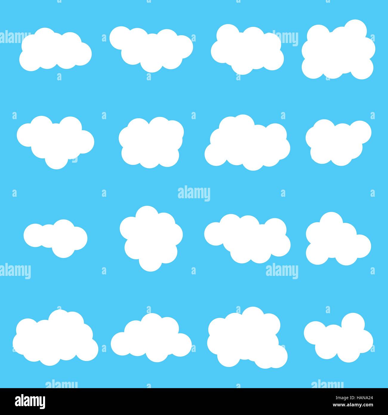 Cloud vector icon set white color on blue background. Sky flat ...
