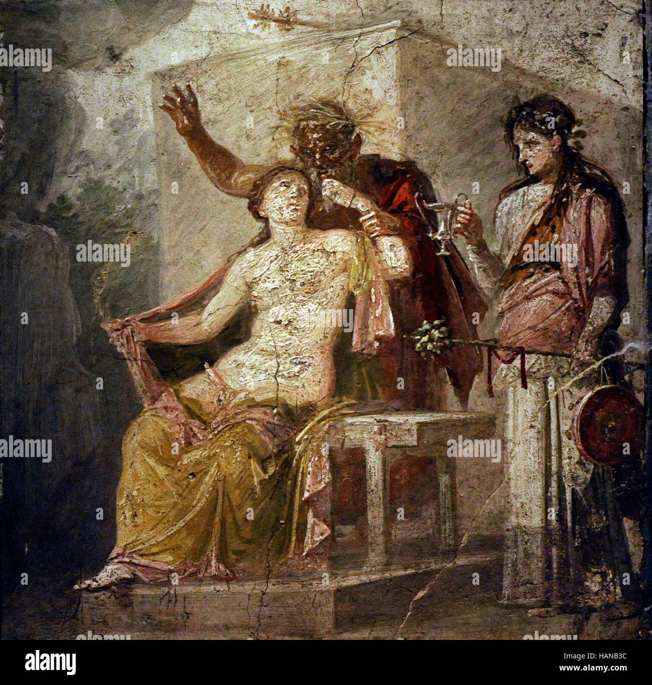 Hermaphroditus, Silenus and maenad with thyrsus. Roman fresco. Pompeii, House of M. Epidi Sabini, IX-1-22. 1st century AD. National Archaeological Museum, Naples. Italy. Stock Photo