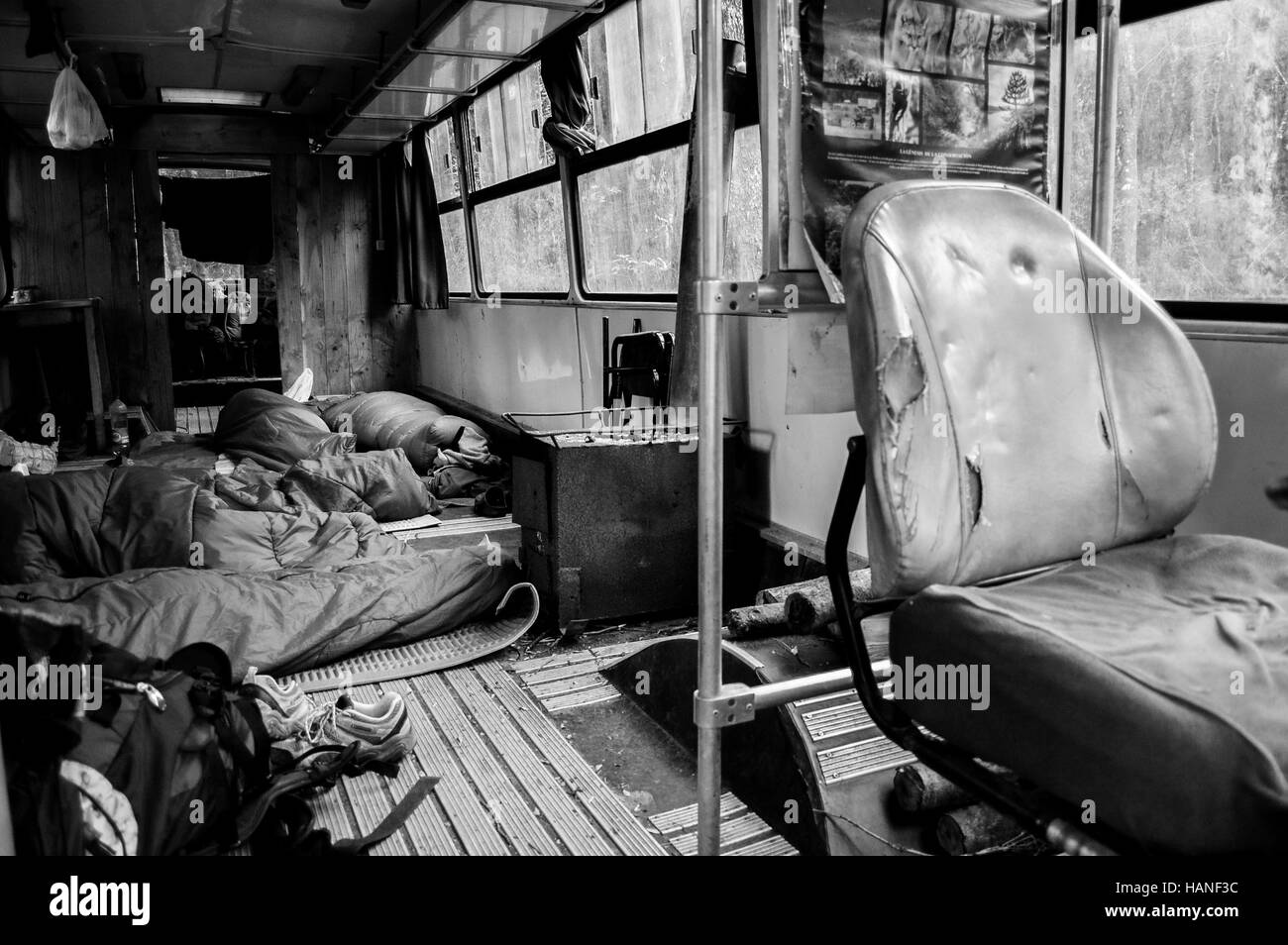 A group of travelers sleep inside an old bus transformed into a hostel Stock Photo