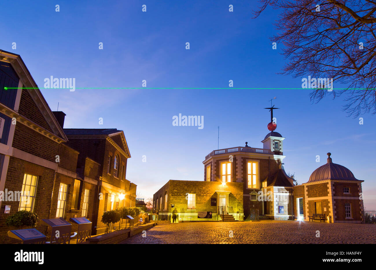 Royal Greenwich Observatory and meridian Laser. Stock Photo