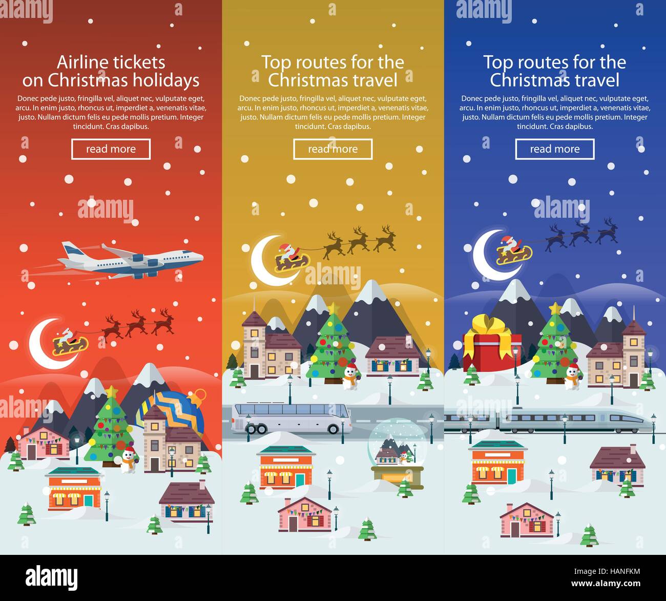 Christmas travel banners in flat style illustration. Traveling by plane ...