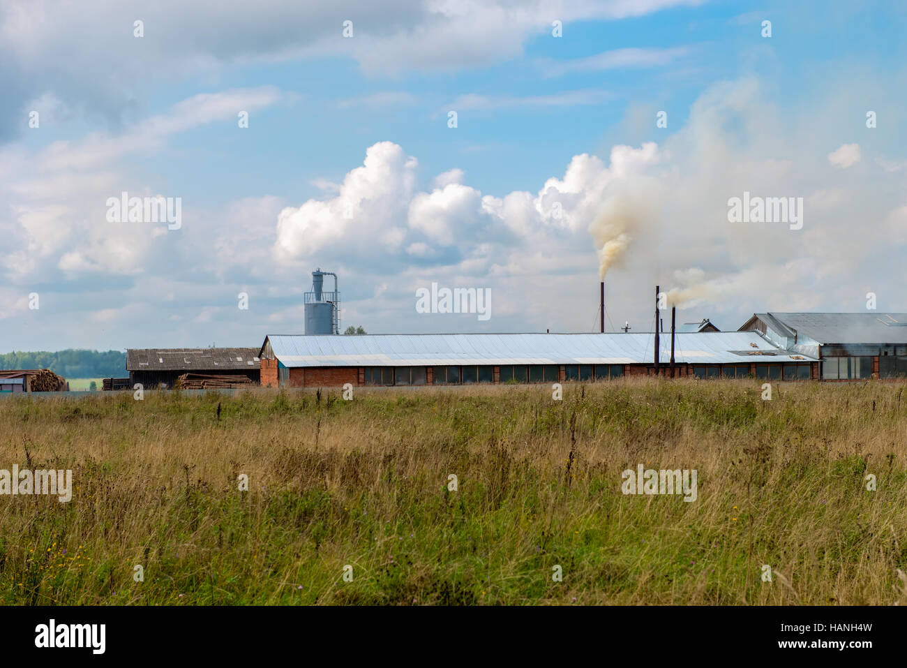 View of a factory in the middle of a green field in the early morning. Factory pipes polluting air, a serious environmental issue Stock Photo