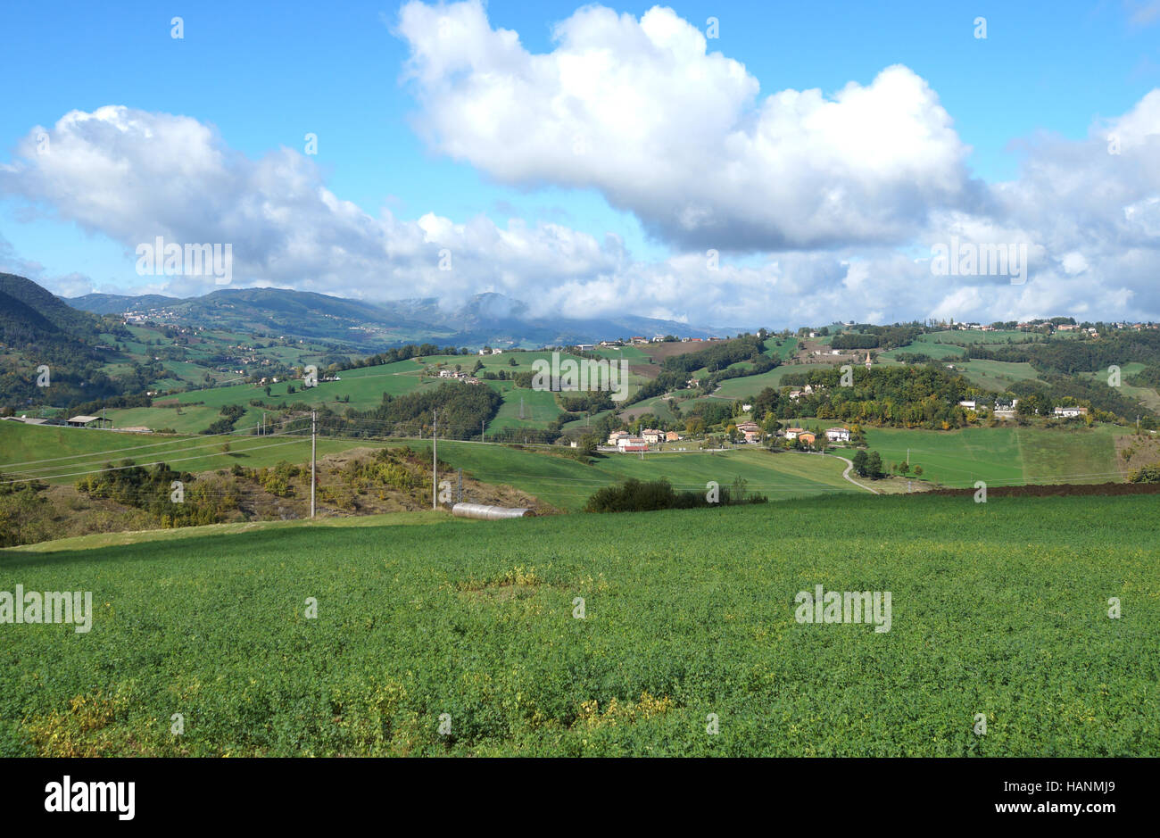 Rural landscape panorama with a meadow , hills on the horizon and  curved path Stock Photo