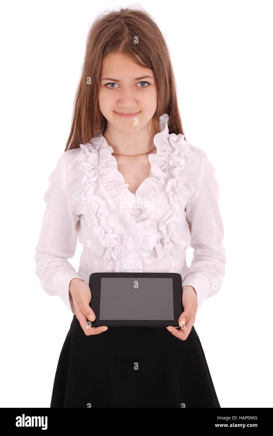 Beautiful young woman holding digital tablet isolated on white Stock ...