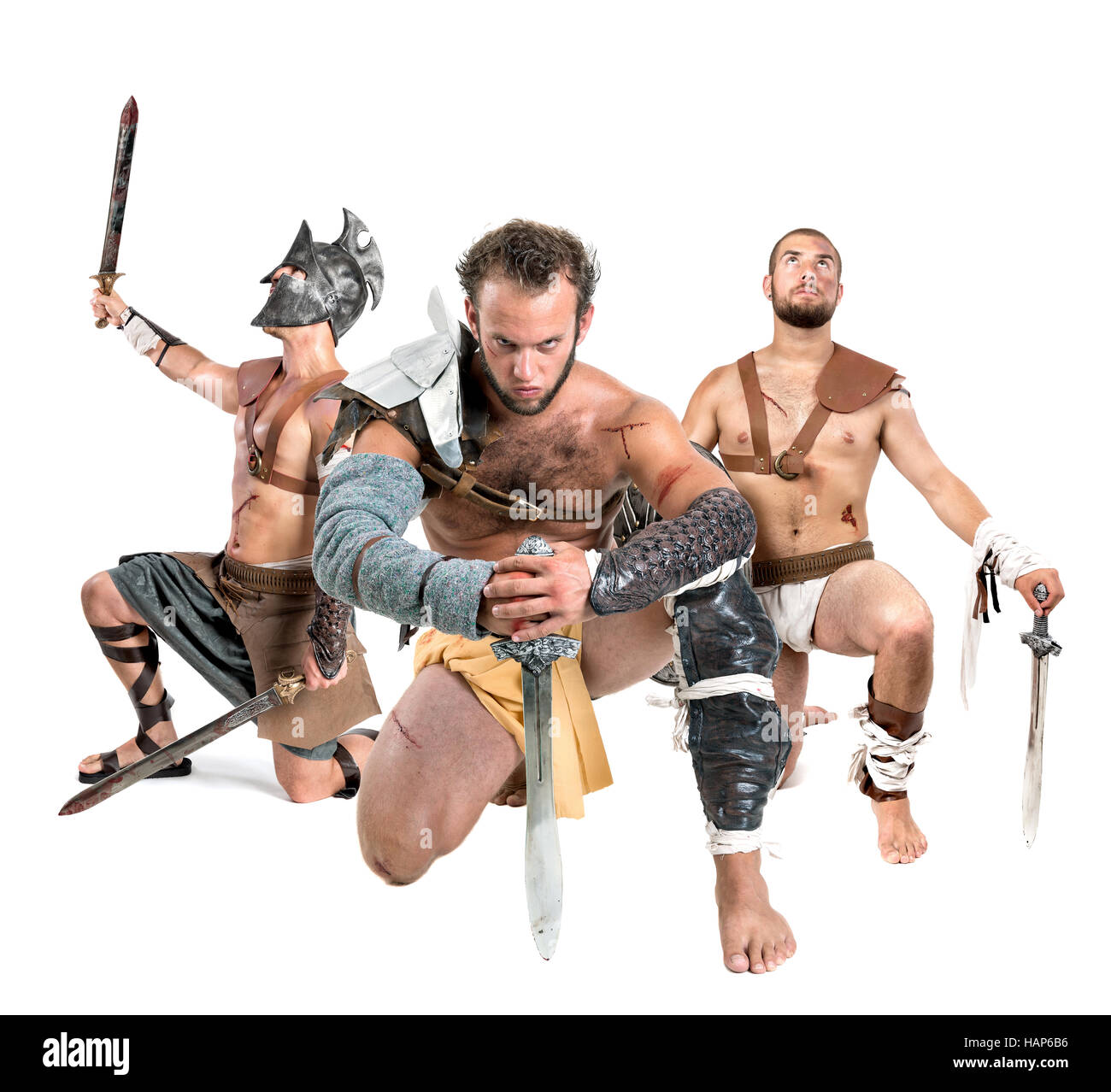 Ancient warriors or Gladiators isolated in a white background Stock Photo