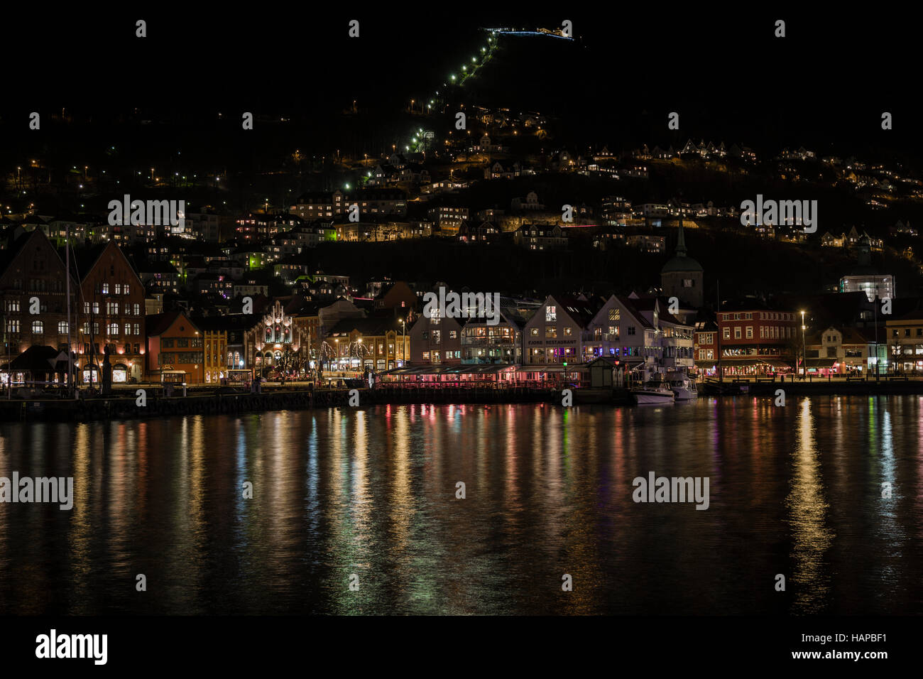 Vagen harbour in Bergen, Norway. The Bryggen has since 1979 been on the UNESCO list for World Cultural Heritage sites. Stock Photo