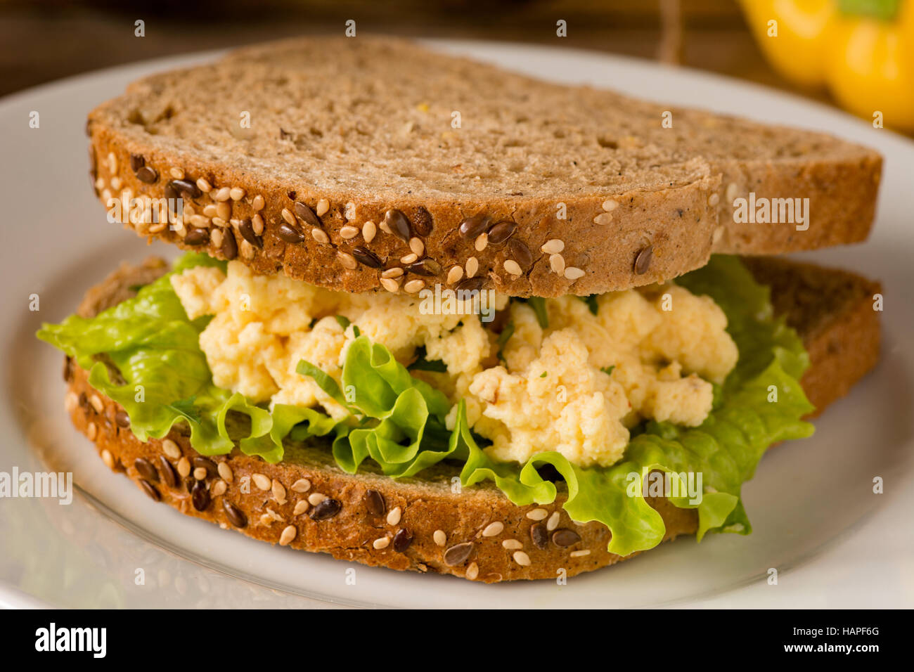 Egg salad sandwich with whole grain bread on a plate, close up view Stock Photo Alamy