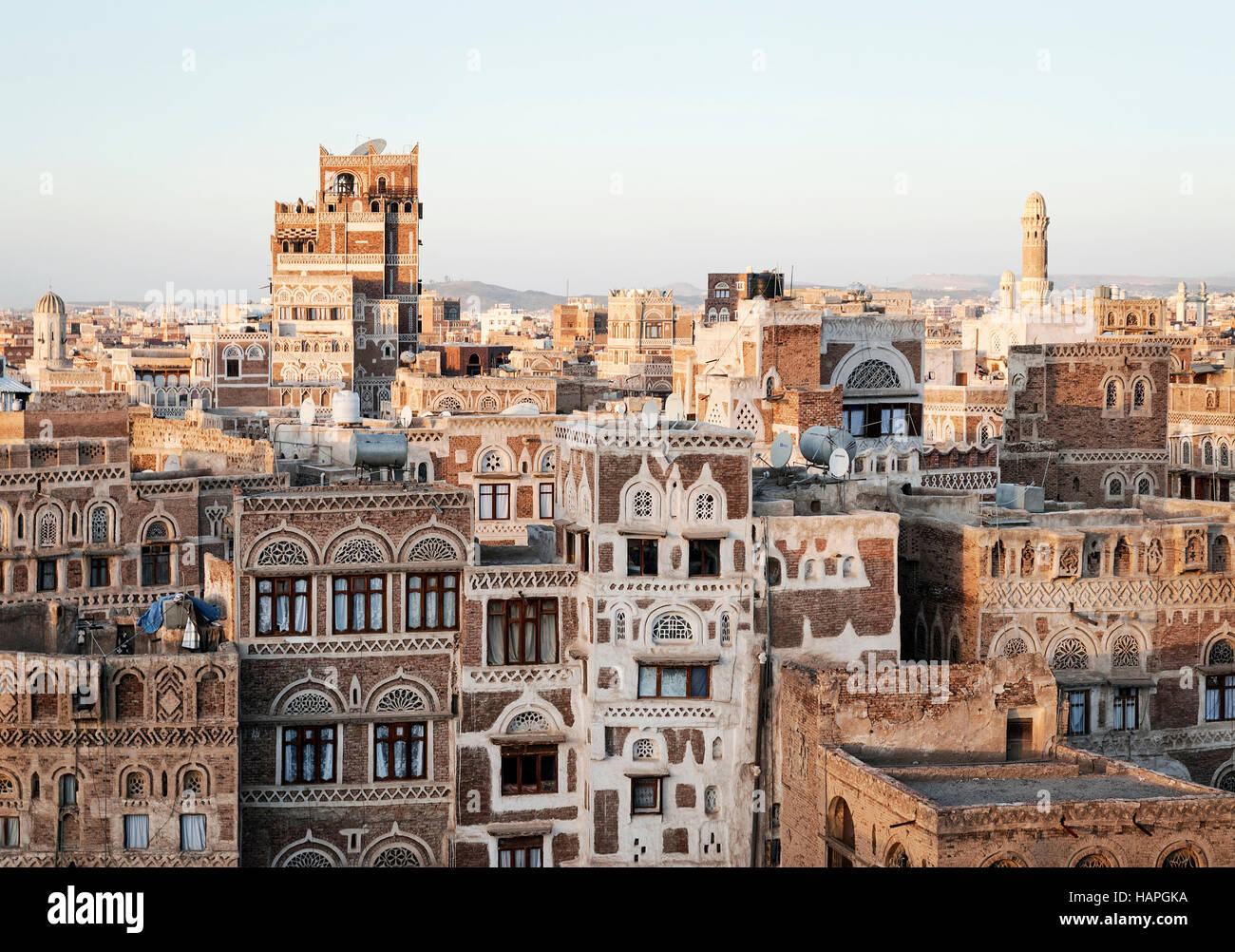 view of central sanaa city old town skyline traditional buildings in yemen Stock Photo