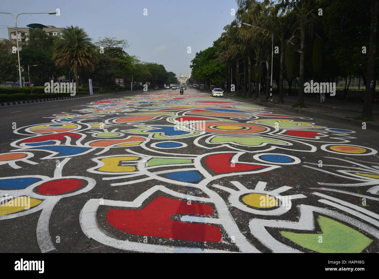 Manik Mia Avenue adorned with painting (Alpona) marking Bangla New Year 1423 in Dhaka, Bangladesh Stock Photo