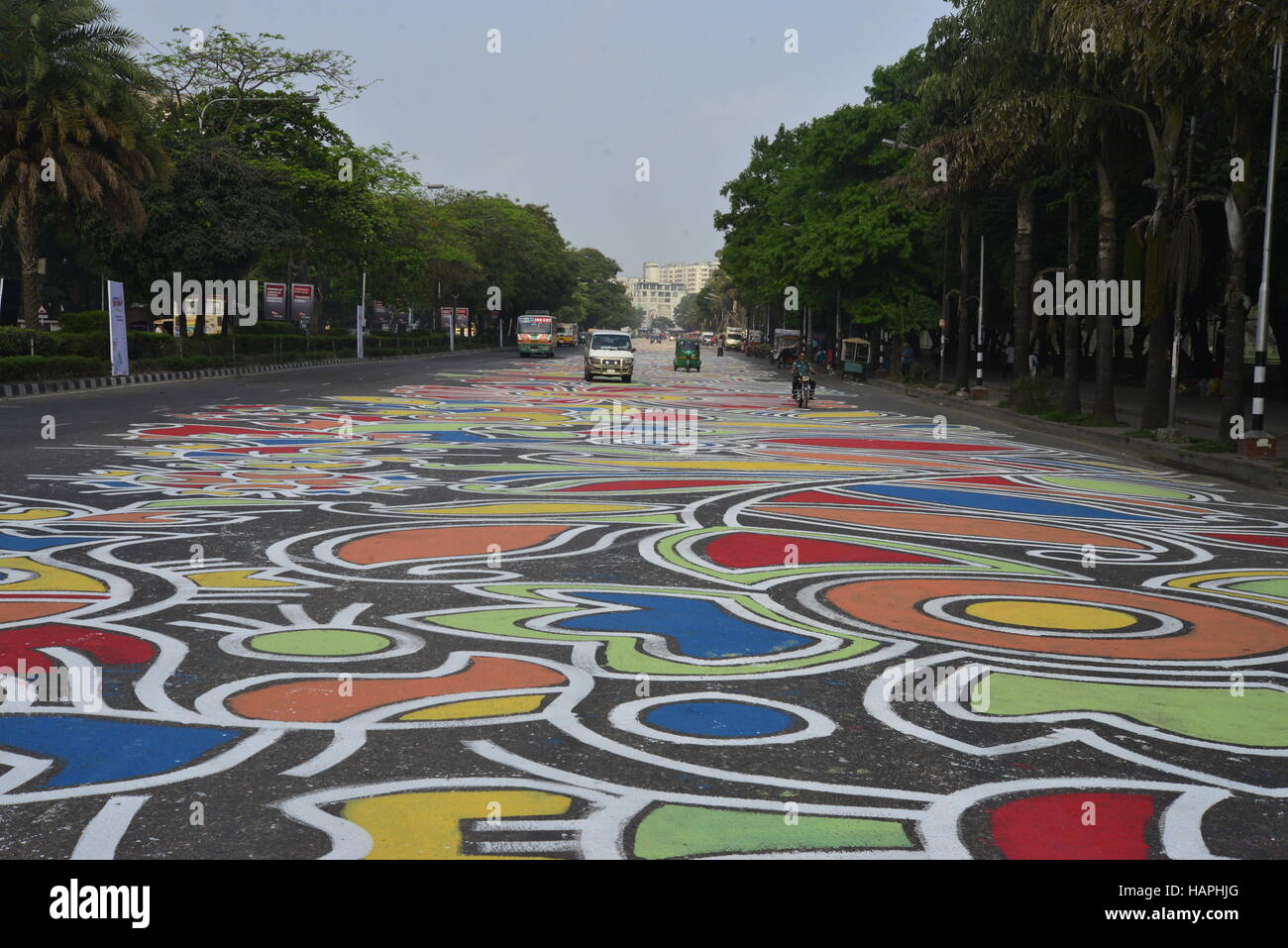 Manik Mia Avenue adorned with painting (Alpona) marking Bangla New Year 1423 in Dhaka, Bangladesh Stock Photo