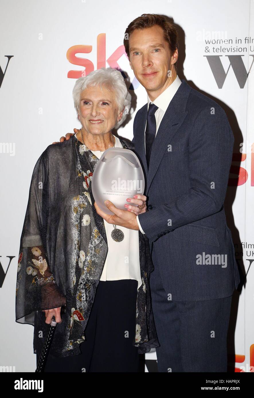 Benedict Cumberbatch presented Beryl Vertue with the EON Productions lifetime achievement award at the Women in Film & TV Awards at the Hilton hotel in central London. Stock Photo