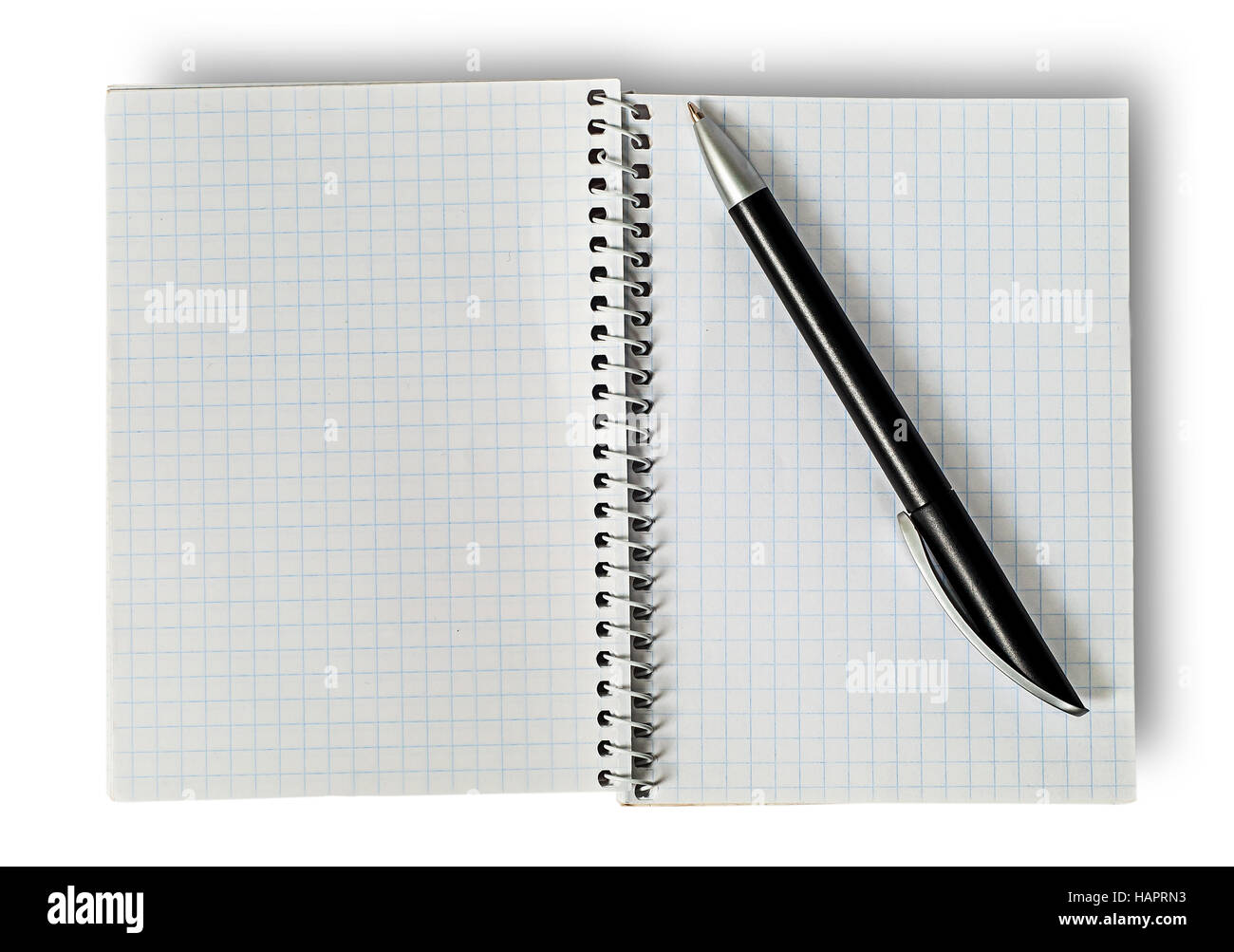 Open notepad and ballpen isolated on white background Stock Photo
