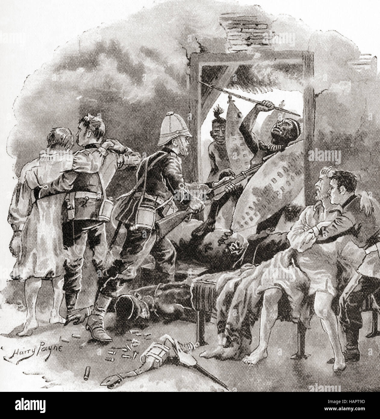 Private William Jones defending one of the wards in the field hospital at the Battle of Rorke's Drift, South Africa in January 1879 during the Anglo-Zulu War. He received the Victoria Cross in recognition of his bravery.  From The Strand Magazine, Vol I January to June, 1891. Stock Photo