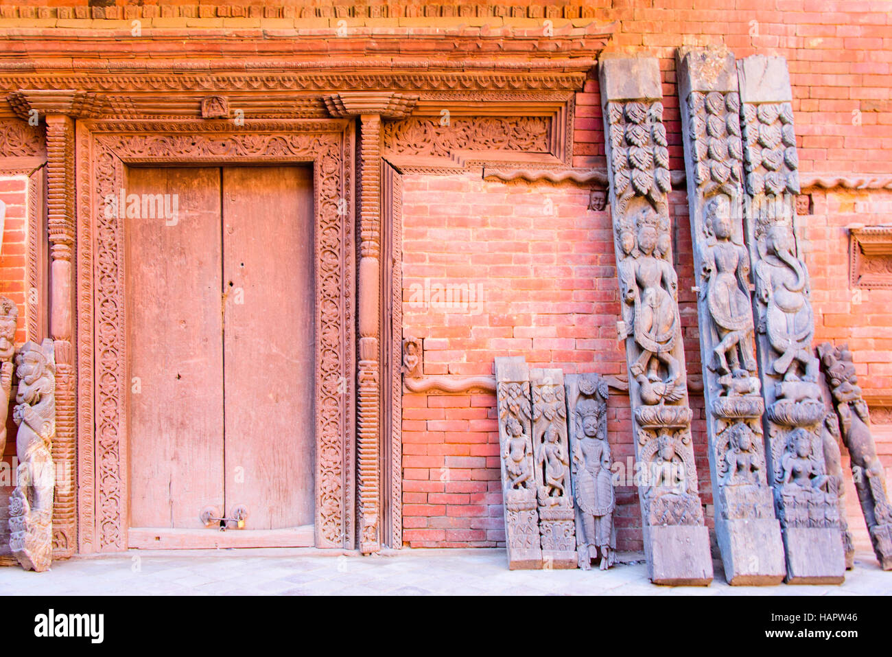 Wooden carvings removed from Palace in Kathmandu Durbar square Stock Photo