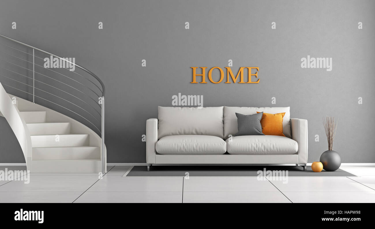 Modern living room with white staircase and sofa - 3d rendering Stock ...