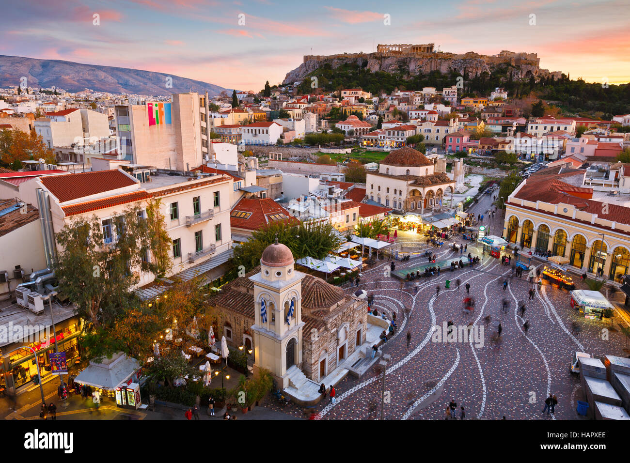 View of Acropolis from a roof-top coffee shop in Monastiraki square, Athens. Stock Photo