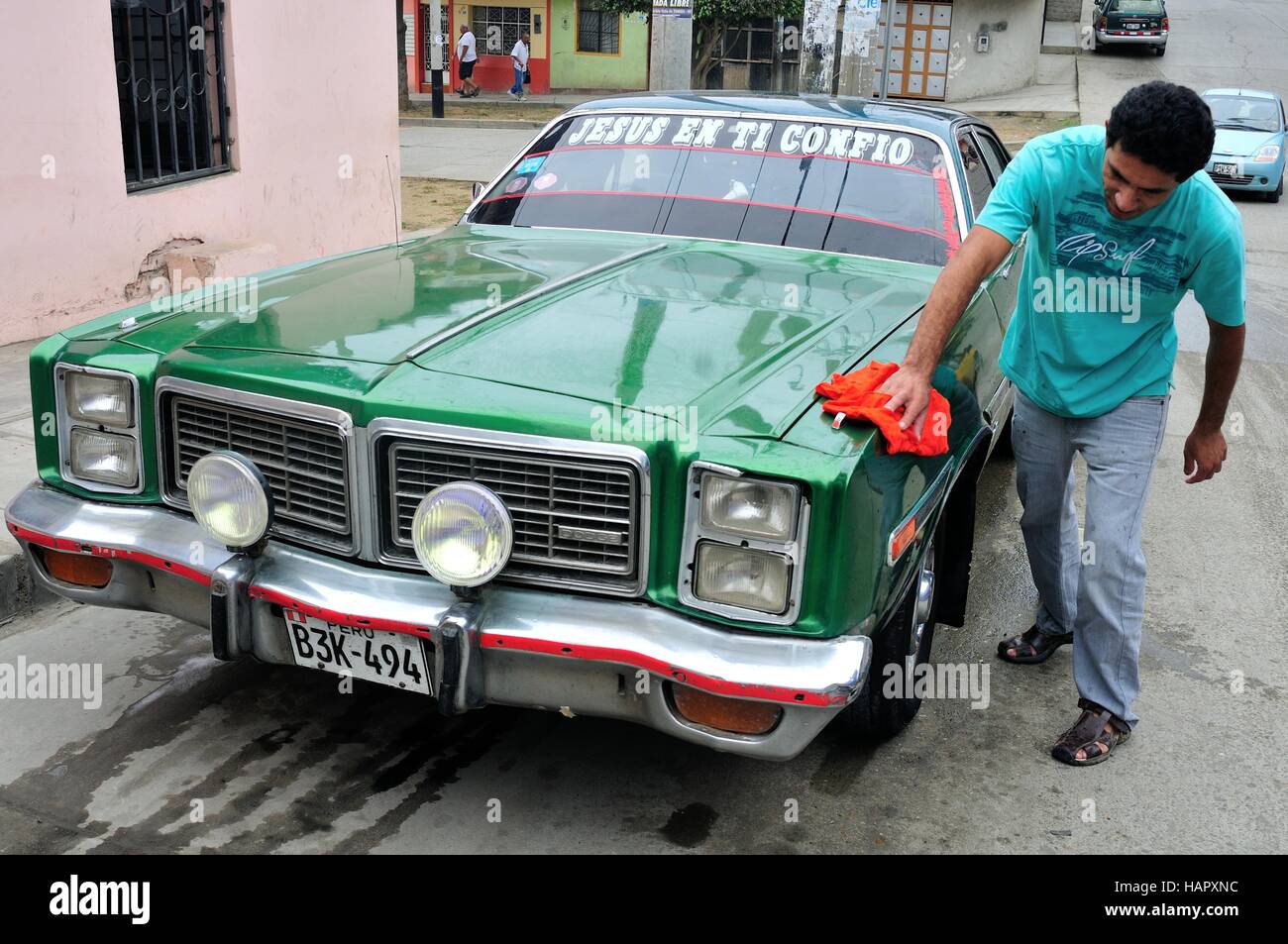 Washing classic car Dodge in TUMBES. Department of Tumbes .PERU Stock