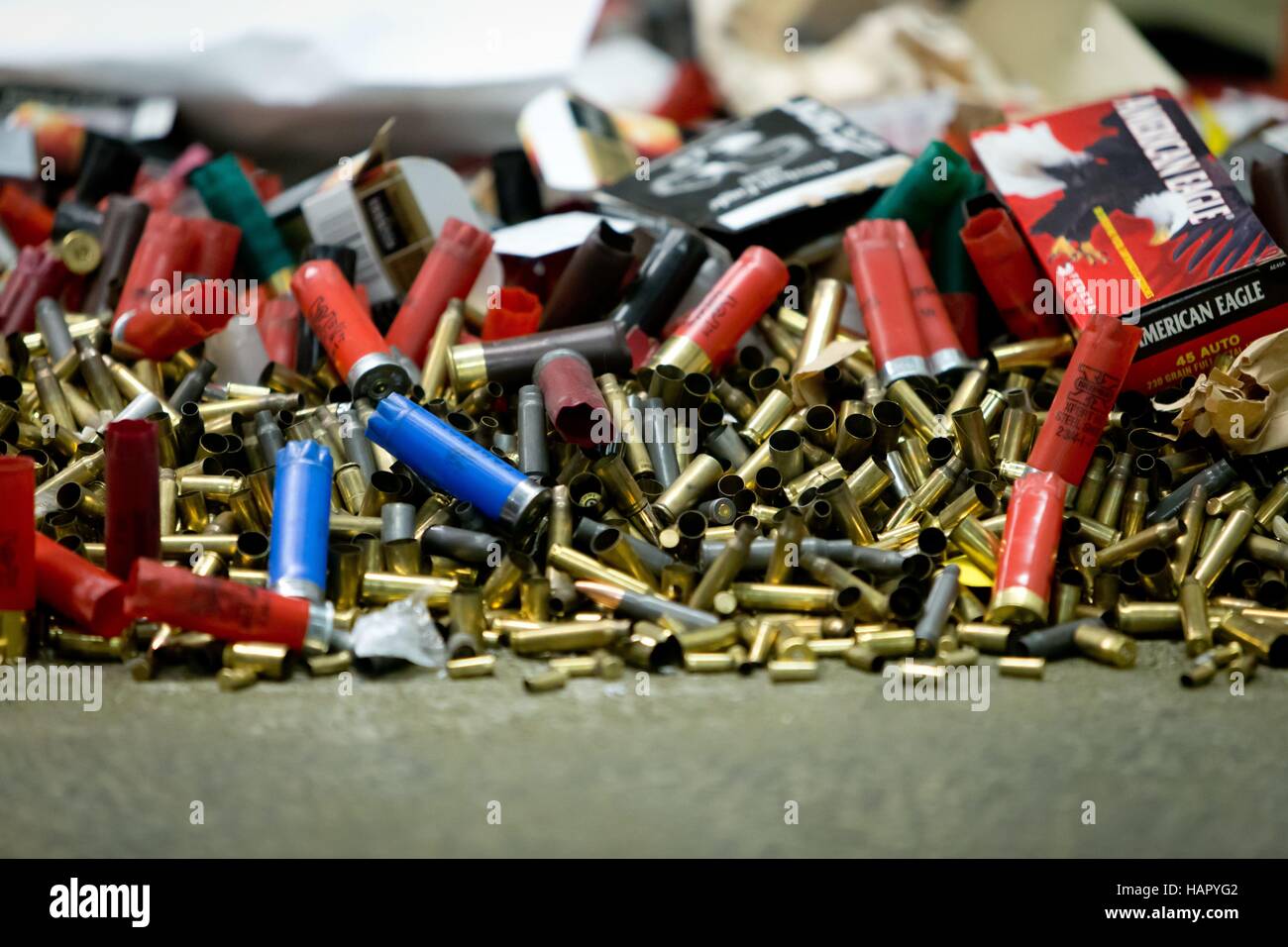 Used gun shells with different calibers at a gunrange in El Cajon, in