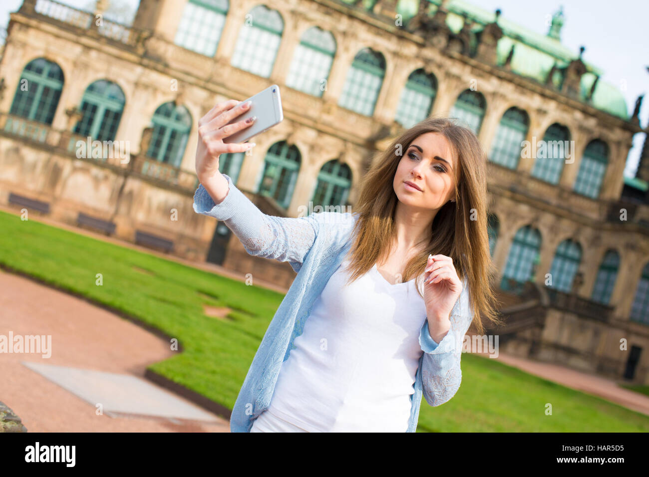 Girl take selfie in Dresden Stock Photo