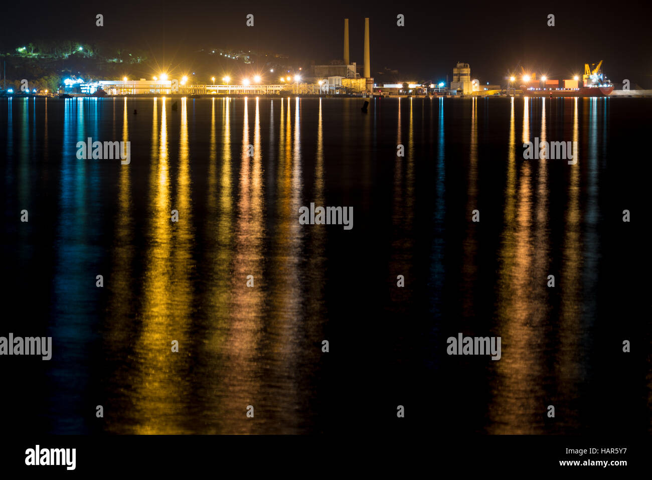 city reflection on night sea Stock Photo