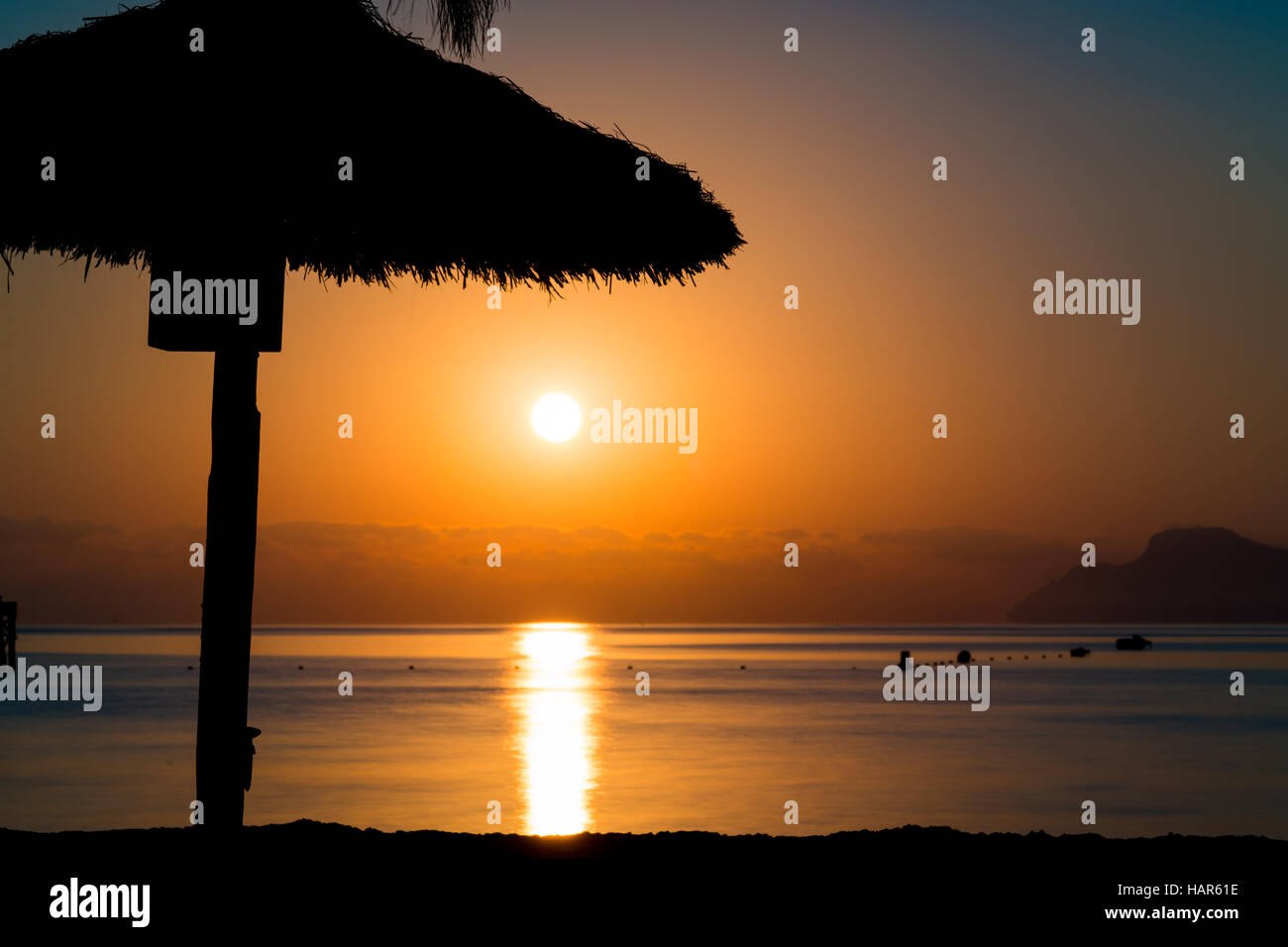 Parasol on the beach during sunset Stock Photo Alamy