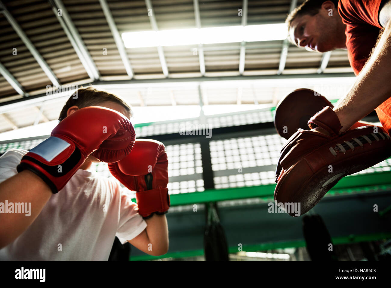 Boy Boxing Training Punch Mitts Exercise Concept Stock Photo Alamy